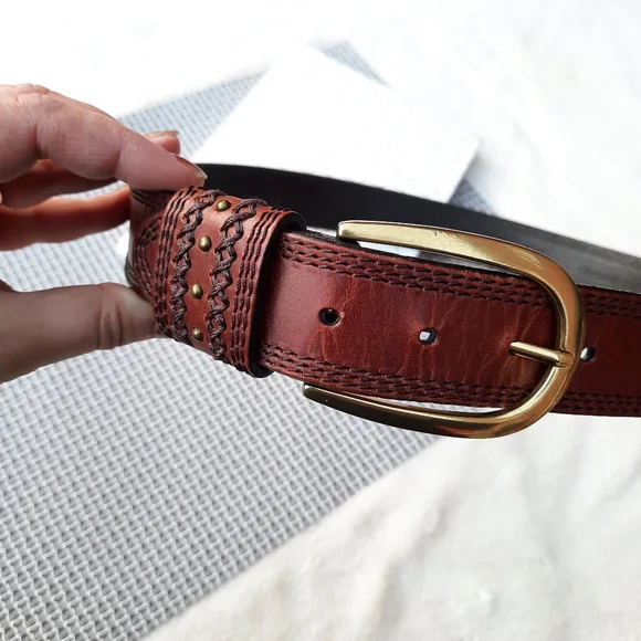 Dockers Braided and Stitched Studded Oversized Buckle Leather Belt XL Brown - Picture 2 of 12